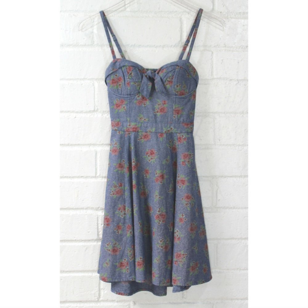 JESSICA SIMPSON DENIM BUSTIER FLORAL SKATER DRESS